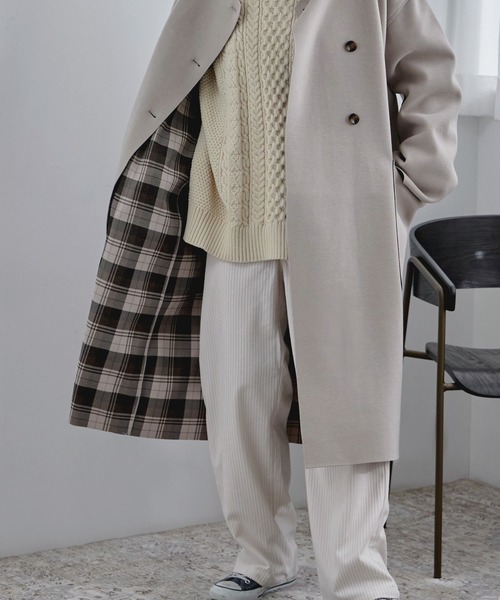 【セール】裏チェック柄ノーカラーロングコート（ノーカラーコート）｜etoll.（エトル）