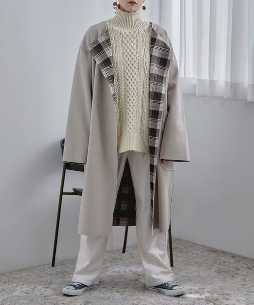 【セール】裏チェック柄ノーカラーロングコート（ノーカラーコート）｜etoll.（エトル）