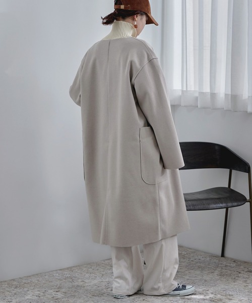 【セール】裏チェック柄ノーカラーロングコート（ノーカラーコート）｜etoll.（エトル）