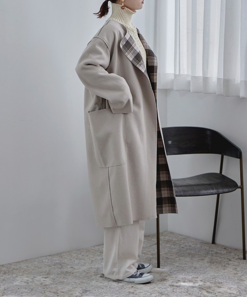 【セール】裏チェック柄ノーカラーロングコート（ノーカラーコート）｜etoll.（エトル）