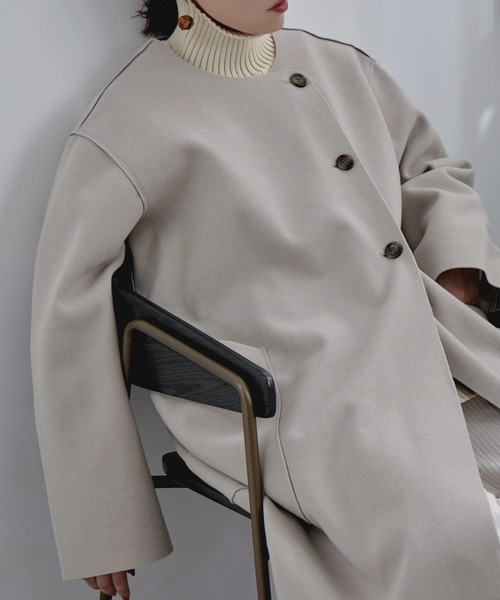 【セール】裏チェック柄ノーカラーロングコート（ノーカラーコート）｜etoll.（エトル）