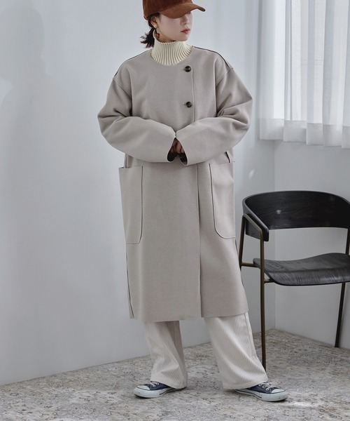 【セール】裏チェック柄ノーカラーロングコート（ノーカラーコート）｜etoll.（エトル）