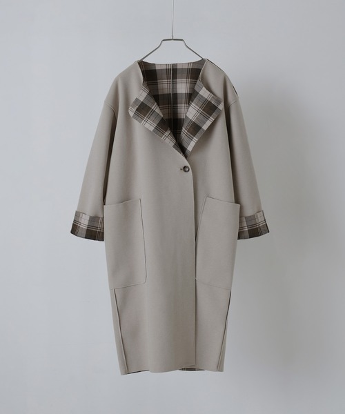 【セール】裏チェック柄ノーカラーロングコート（ノーカラーコート）｜etoll.（エトル）