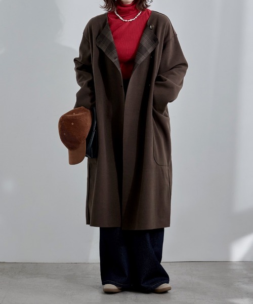 【セール】裏チェック柄ノーカラーロングコート（ノーカラーコート）｜etoll.（エトル）