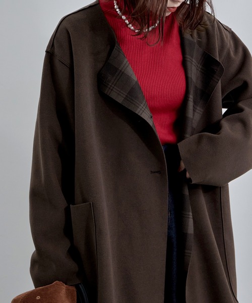 【セール】裏チェック柄ノーカラーロングコート（ノーカラーコート）｜etoll.（エトル）