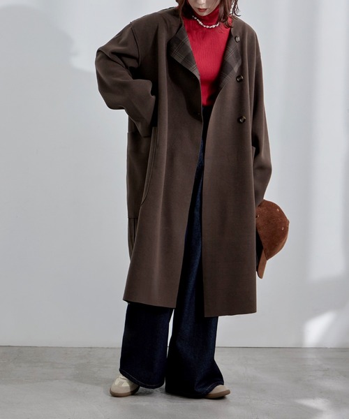【セール】裏チェック柄ノーカラーロングコート（ノーカラーコート）｜etoll.（エトル）