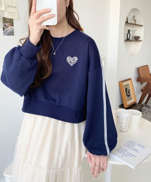 正規品♡裏毛スウェット♡ロゴ上下セット♡ネイビー moment+（モーメントプラス）の「TC裏毛ロゴハート刺繍ラメライン
