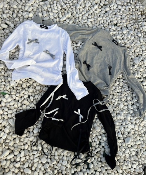 ipugo（イプゴ）の「ipugo/イプゴ シャーリングリボン トップス 夏物 夏服（Tシャツ/カットソー・レディース・ブラック/ホワイト/グレー・FREE）」の7枚目の写真