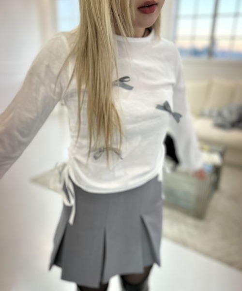 ipugo（イプゴ）の「ipugo/イプゴ シャーリングリボン トップス 夏物 夏服（Tシャツ/カットソー・レディース・ブラック/ホワイト/グレー・FREE）」の11枚目の写真
