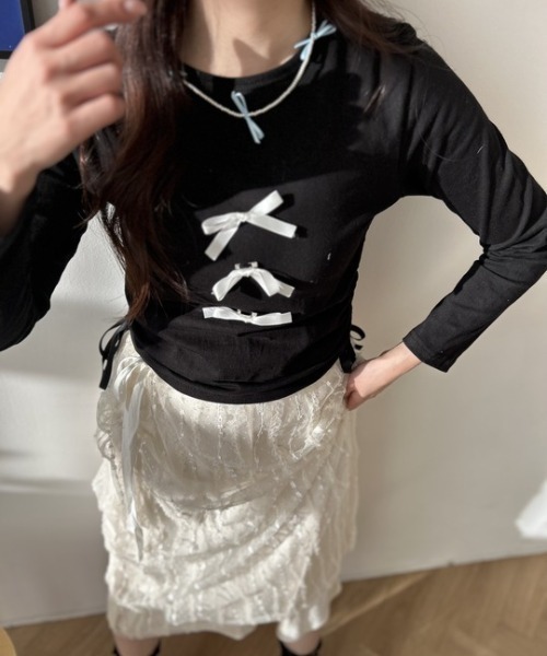 ipugo（イプゴ）の「ipugo/イプゴ シャーリングリボン トップス 夏物 夏服（Tシャツ/カットソー・レディース・ブラック/ホワイト/グレー・FREE）」の19枚目の写真