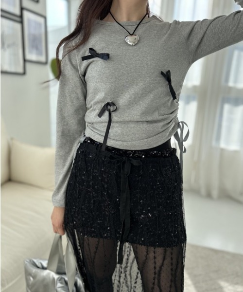 ipugo（イプゴ）の「ipugo/イプゴ シャーリングリボン トップス 夏物 夏服（Tシャツ/カットソー・レディース・ブラック/ホワイト/グレー・FREE）」の22枚目の写真
