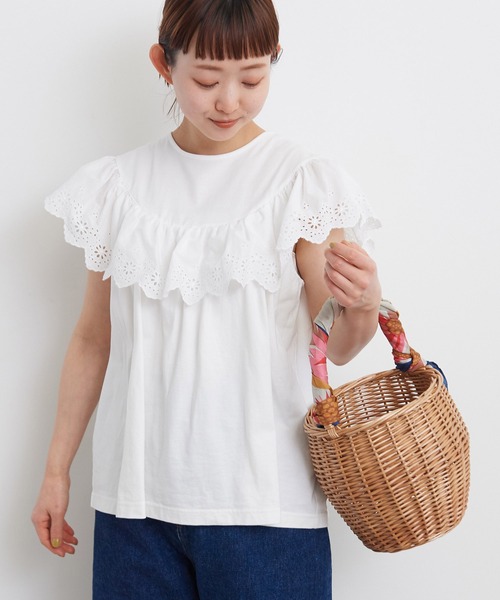 Dot&Stripes CHILD WOMAN(ドットアンドストライプス チャイルドウーマン)の「40/2天竺レース ドッキングフレンチスリーブプルオーバー(Tシャツ/カットソー・レディース・ホワイト/ブラック・FREE)」の2枚目の写真