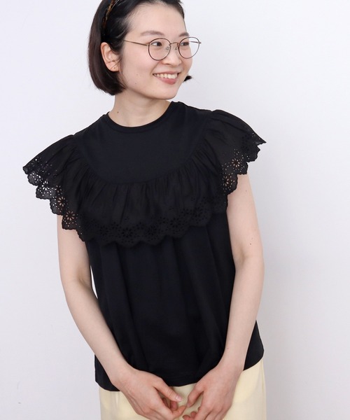 Dot&Stripes CHILD WOMAN(ドットアンドストライプス チャイルドウーマン)の「40/2天竺レース ドッキングフレンチスリーブプルオーバー(Tシャツ/カットソー・レディース・ホワイト/ブラック・FREE)」の1枚目の写真