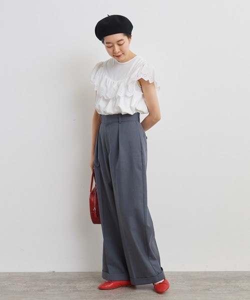 Dot&Stripes CHILD WOMAN(ドットアンドストライプス チャイルドウーマン)の「40/2天竺レース ドッキングフレンチスリーブプルオーバー(Tシャツ/カットソー・レディース・ホワイト/ブラック・FREE)」の17枚目の写真