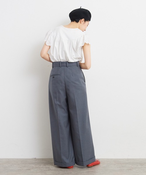 Dot&Stripes CHILD WOMAN(ドットアンドストライプス チャイルドウーマン)の「40/2天竺レース ドッキングフレンチスリーブプルオーバー(Tシャツ/カットソー・レディース・ホワイト/ブラック・FREE)」の19枚目の写真