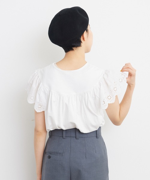Dot&Stripes CHILD WOMAN(ドットアンドストライプス チャイルドウーマン)の「40/2天竺レース ドッキングフレンチスリーブプルオーバー(Tシャツ/カットソー・レディース・ホワイト/ブラック・FREE)」の15枚目の写真