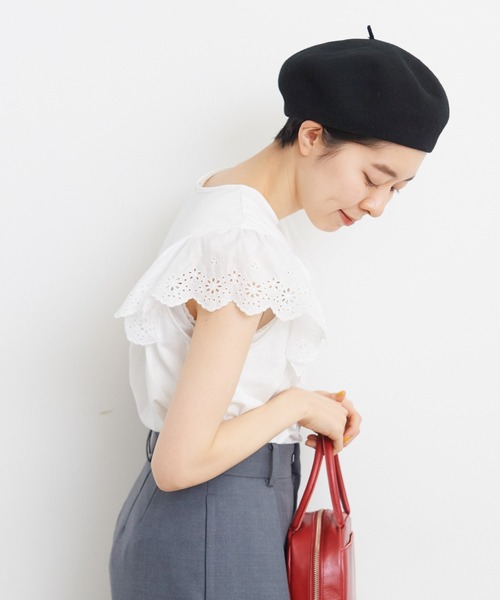 Dot&Stripes CHILD WOMAN(ドットアンドストライプス チャイルドウーマン)の「40/2天竺レース ドッキングフレンチスリーブプルオーバー(Tシャツ/カットソー・レディース・ホワイト/ブラック・FREE)」の14枚目の写真