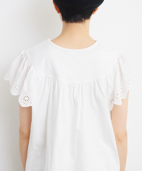 Dot&Stripes CHILD WOMAN(ドットアンドストライプス チャイルドウーマン)の「40/2天竺レース ドッキングフレンチスリーブプルオーバー(Tシャツ/カットソー・レディース・ホワイト/ブラック・FREE)」の3枚目の写真