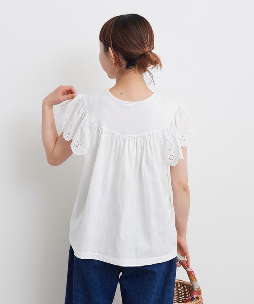 Dot&Stripes CHILD WOMAN(ドットアンドストライプス チャイルドウーマン)の「40/2天竺レース ドッキングフレンチスリーブプルオーバー(Tシャツ/カットソー・レディース・ホワイト/ブラック・FREE)」の8枚目の写真