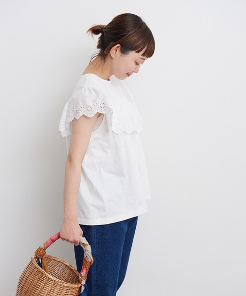 Dot&Stripes CHILD WOMAN(ドットアンドストライプス チャイルドウーマン)の「40/2天竺レース ドッキングフレンチスリーブプルオーバー(Tシャツ/カットソー・レディース・ホワイト/ブラック・FREE)」の9枚目の写真