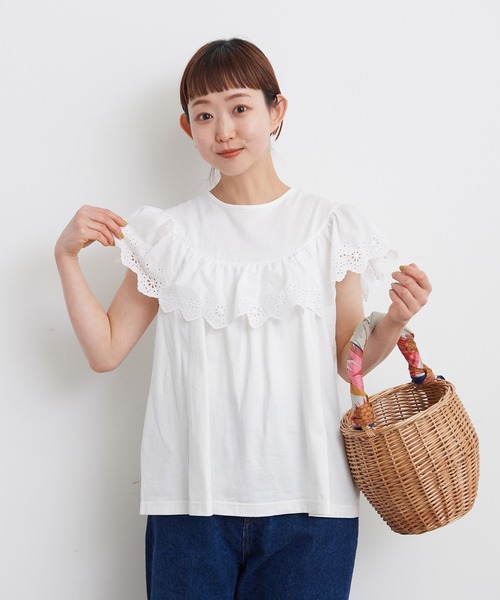 Dot&Stripes CHILD WOMAN(ドットアンドストライプス チャイルドウーマン)の「40/2天竺レース ドッキングフレンチスリーブプルオーバー(Tシャツ/カットソー・レディース・ホワイト/ブラック・FREE)」の7枚目の写真
