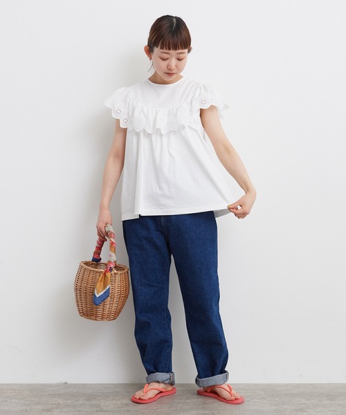 Dot&Stripes CHILD WOMAN(ドットアンドストライプス チャイルドウーマン)の「40/2天竺レース ドッキングフレンチスリーブプルオーバー(Tシャツ/カットソー・レディース・ホワイト/ブラック・FREE)」の10枚目の写真