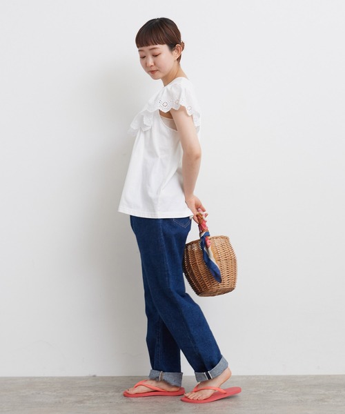 Dot&Stripes CHILD WOMAN(ドットアンドストライプス チャイルドウーマン)の「40/2天竺レース ドッキングフレンチスリーブプルオーバー(Tシャツ/カットソー・レディース・ホワイト/ブラック・FREE)」の11枚目の写真