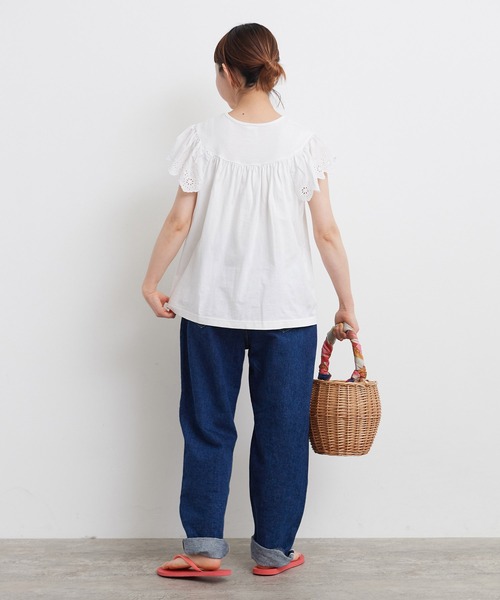 Dot&Stripes CHILD WOMAN(ドットアンドストライプス チャイルドウーマン)の「40/2天竺レース ドッキングフレンチスリーブプルオーバー(Tシャツ/カットソー・レディース・ホワイト/ブラック・FREE)」の12枚目の写真