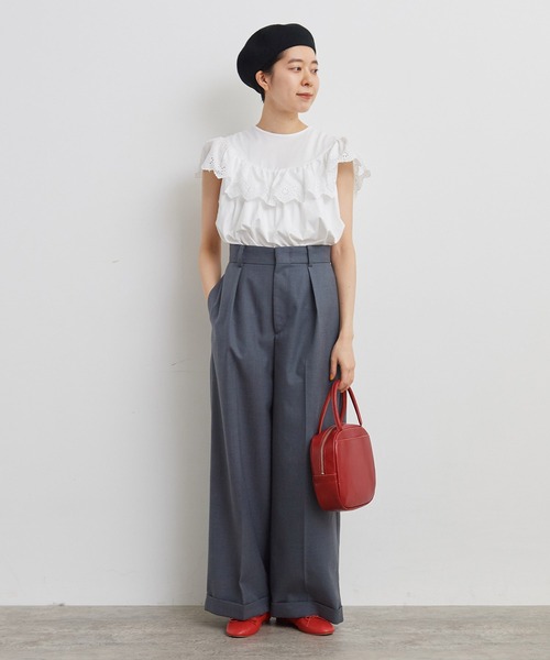 Dot&Stripes CHILD WOMAN(ドットアンドストライプス チャイルドウーマン)の「40/2天竺レース ドッキングフレンチスリーブプルオーバー(Tシャツ/カットソー・レディース・ホワイト/ブラック・FREE)」の16枚目の写真