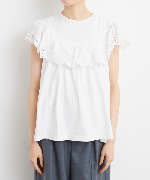 Dot&Stripes CHILD WOMAN(ドットアンドストライプス チャイルドウーマン)の「40/2天竺レース ドッキングフレンチスリーブプルオーバー(Tシャツ/カットソー・レディース・ホワイト/ブラック・FREE)」の20枚目の写真