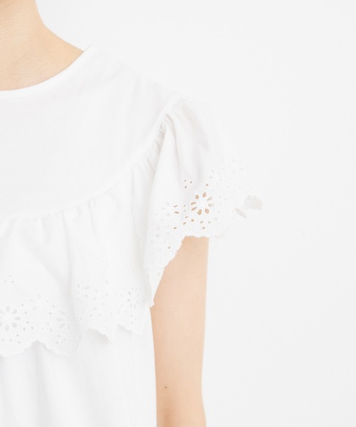 Dot&Stripes CHILD WOMAN(ドットアンドストライプス チャイルドウーマン)の「40/2天竺レース ドッキングフレンチスリーブプルオーバー(Tシャツ/カットソー・レディース・ホワイト/ブラック・FREE)」の4枚目の写真