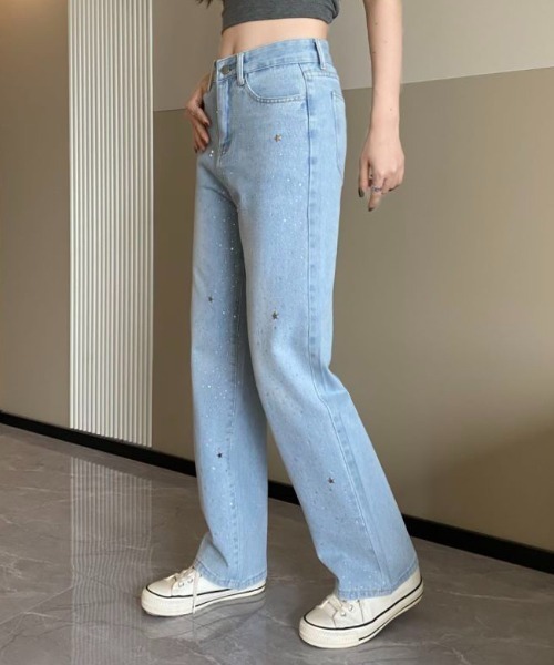 Diosfront(ディオスフロント)の「ラインストーンストレートワイドデニムパンツ(デニムパンツ・レディース・ブルー・S/M/L/XL/XXL)」の10枚目の写真