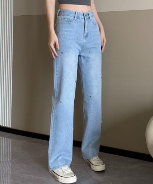 Diosfront(ディオスフロント)の「ラインストーンストレートワイドデニムパンツ(デニムパンツ・レディース・ブルー・S/M/L/XL/XXL)」の12枚目の写真