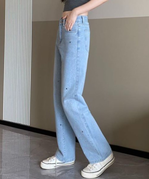 Diosfront(ディオスフロント)の「ラインストーンストレートワイドデニムパンツ(デニムパンツ・レディース・ブルー・S/M/L/XL/XXL)」の14枚目の写真