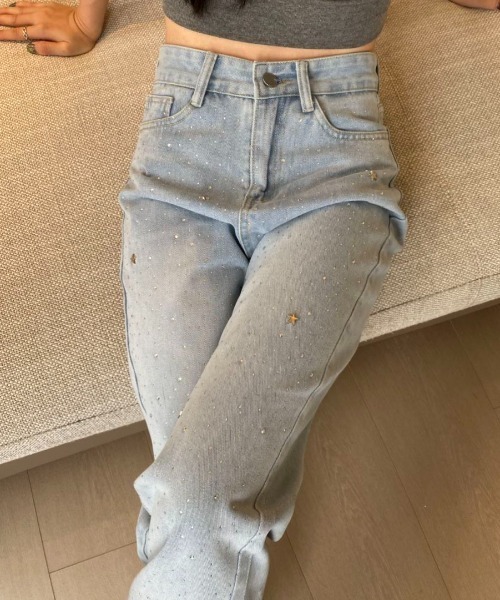 Diosfront(ディオスフロント)の「ラインストーンストレートワイドデニムパンツ(デニムパンツ・レディース・ブルー・S/M/L/XL/XXL)」の6枚目の写真