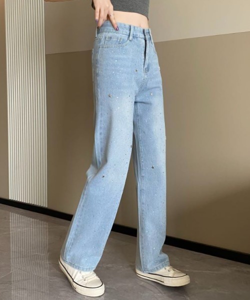Diosfront(ディオスフロント)の「ラインストーンストレートワイドデニムパンツ(デニムパンツ・レディース・ブルー・S/M/L/XL/XXL)」の7枚目の写真
