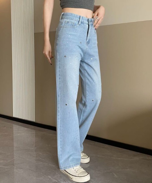 Diosfront(ディオスフロント)の「ラインストーンストレートワイドデニムパンツ(デニムパンツ・レディース・ブルー・S/M/L/XL/XXL)」の11枚目の写真