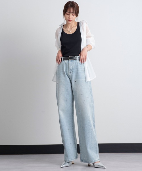 ラインストーンストレートワイドデニムパンツ（デニムパンツ
