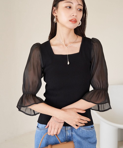 VIS(ビス)の「オーガンジーキャンディスリーブリブニット(Tシャツ/カットソー・レディース・オフホワイト/ブラック/ピンク・FREE)」の3枚目の写真