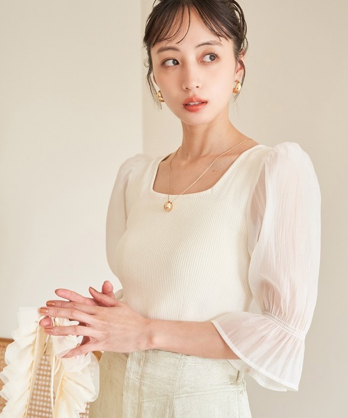 VIS(ビス)の「オーガンジーキャンディスリーブリブニット(Tシャツ/カットソー・レディース・オフホワイト/ブラック/ピンク・FREE)」の22枚目の写真