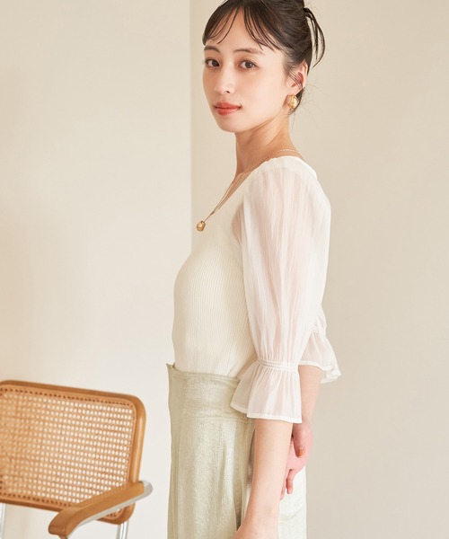 VIS(ビス)の「オーガンジーキャンディスリーブリブニット(Tシャツ/カットソー・レディース・オフホワイト/ブラック/ピンク・FREE)」の12枚目の写真