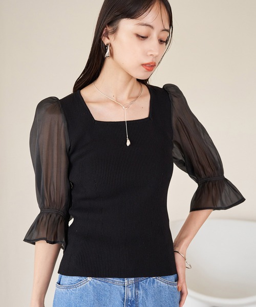 VIS(ビス)の「オーガンジーキャンディスリーブリブニット(Tシャツ/カットソー・レディース・オフホワイト/ブラック/ピンク・FREE)」の15枚目の写真