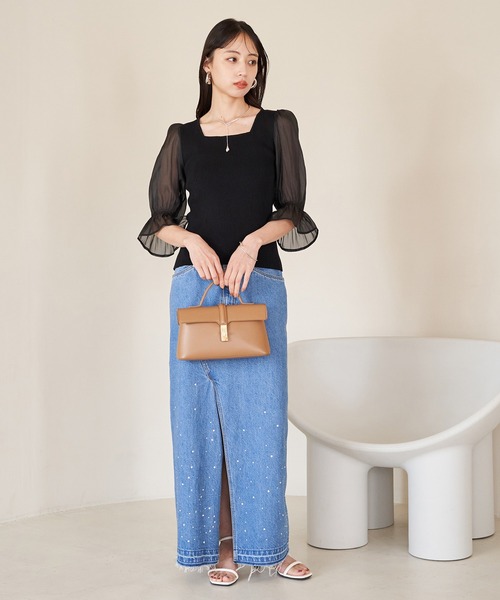 VIS(ビス)の「オーガンジーキャンディスリーブリブニット(Tシャツ/カットソー・レディース・オフホワイト/ブラック/ピンク・FREE)」の10枚目の写真