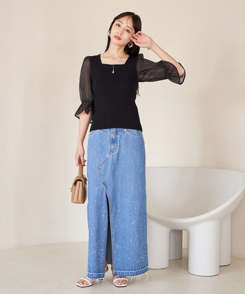 VIS(ビス)の「オーガンジーキャンディスリーブリブニット(Tシャツ/カットソー・レディース・オフホワイト/ブラック/ピンク・FREE)」の11枚目の写真