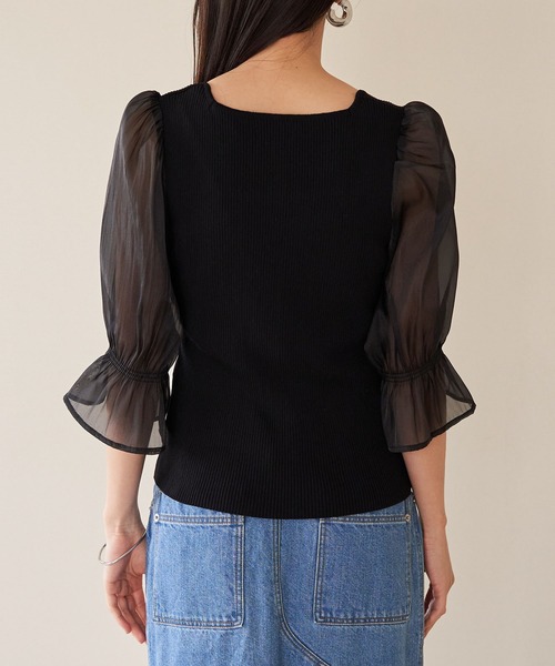 VIS(ビス)の「オーガンジーキャンディスリーブリブニット(Tシャツ/カットソー・レディース・オフホワイト/ブラック/ピンク・FREE)」の7枚目の写真