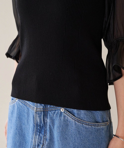 VIS(ビス)の「オーガンジーキャンディスリーブリブニット(Tシャツ/カットソー・レディース・オフホワイト/ブラック/ピンク・FREE)」の4枚目の写真