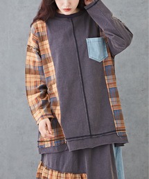CUBE SUGAR（キューブシュガー）の「チェック×デニムリメイク風長袖プルオーバー（Tシャツ/カットソー）」
