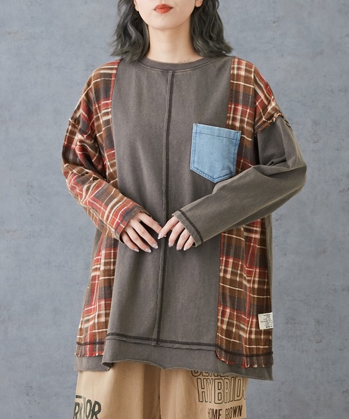 【セール】チェック×デニムリメイク風長袖プルオーバー(Tシャツ/カットソー)|CUBE SUGAR(キューブシュガー)