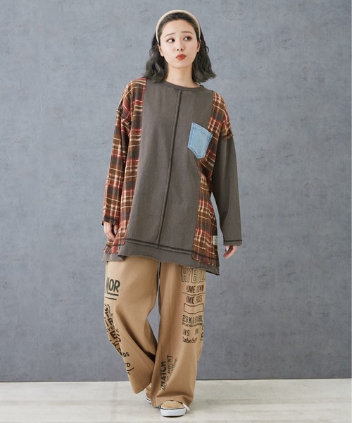 【セール】チェック×デニムリメイク風長袖プルオーバー（Tシャツ/カットソー）｜CUBE SUGAR（キューブシュガー）