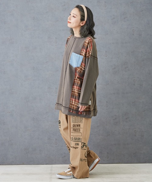 【セール】チェック×デニムリメイク風長袖プルオーバー（Tシャツ/カットソー）｜CUBE SUGAR（キューブシュガー）